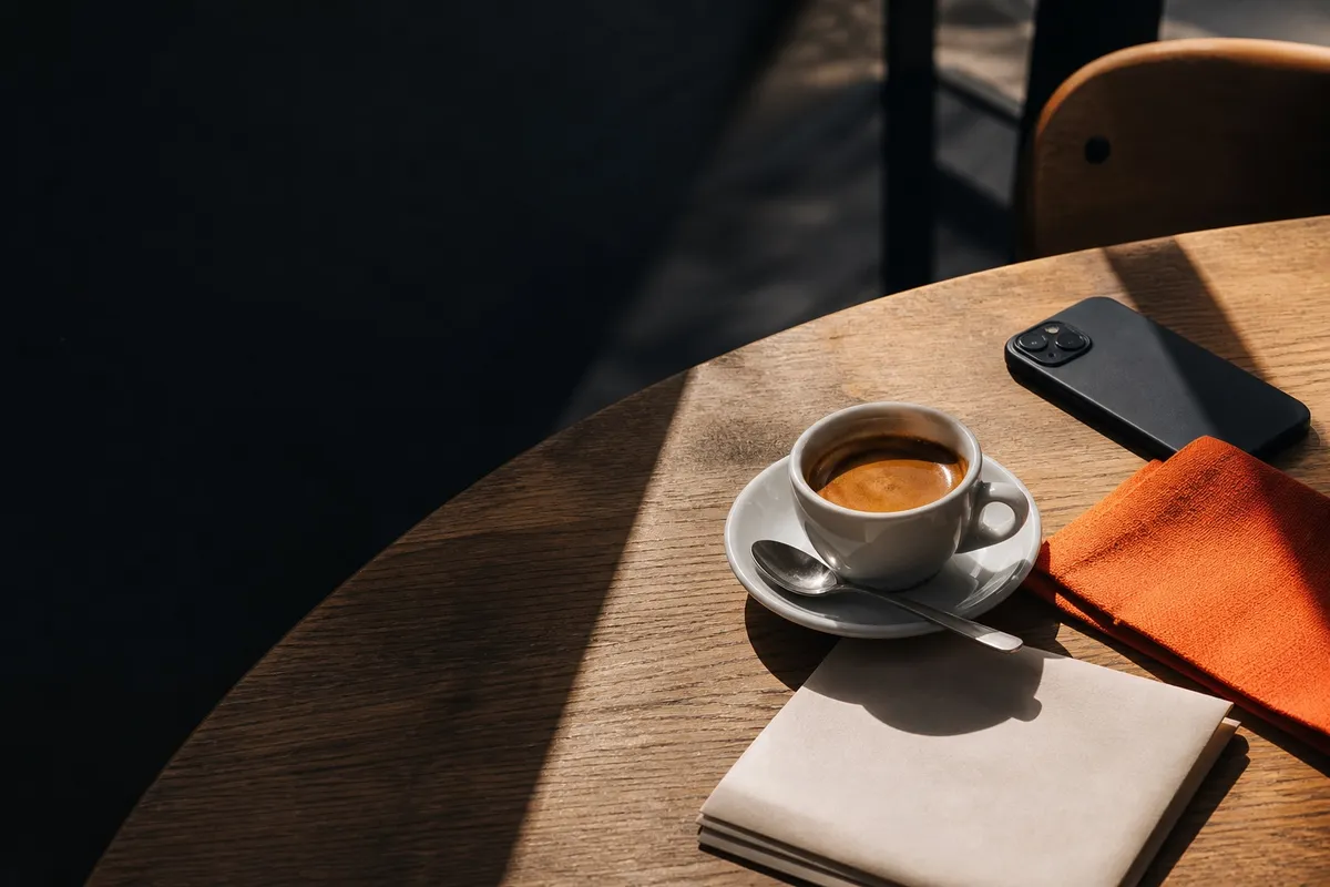 Un café, un menu et un téléphone sur une table ensoleillée